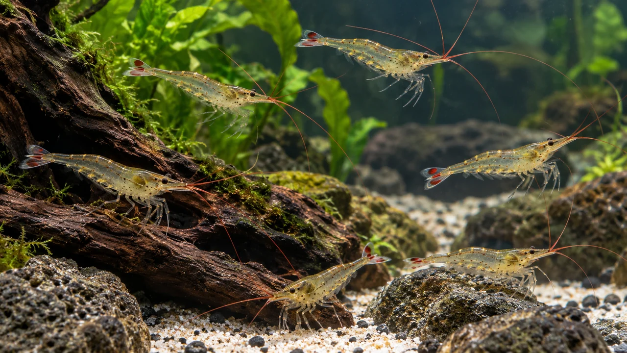 A loose group of translucent Glass Poso Shrimp swimming and grazing among open water, wood, stones and plants.