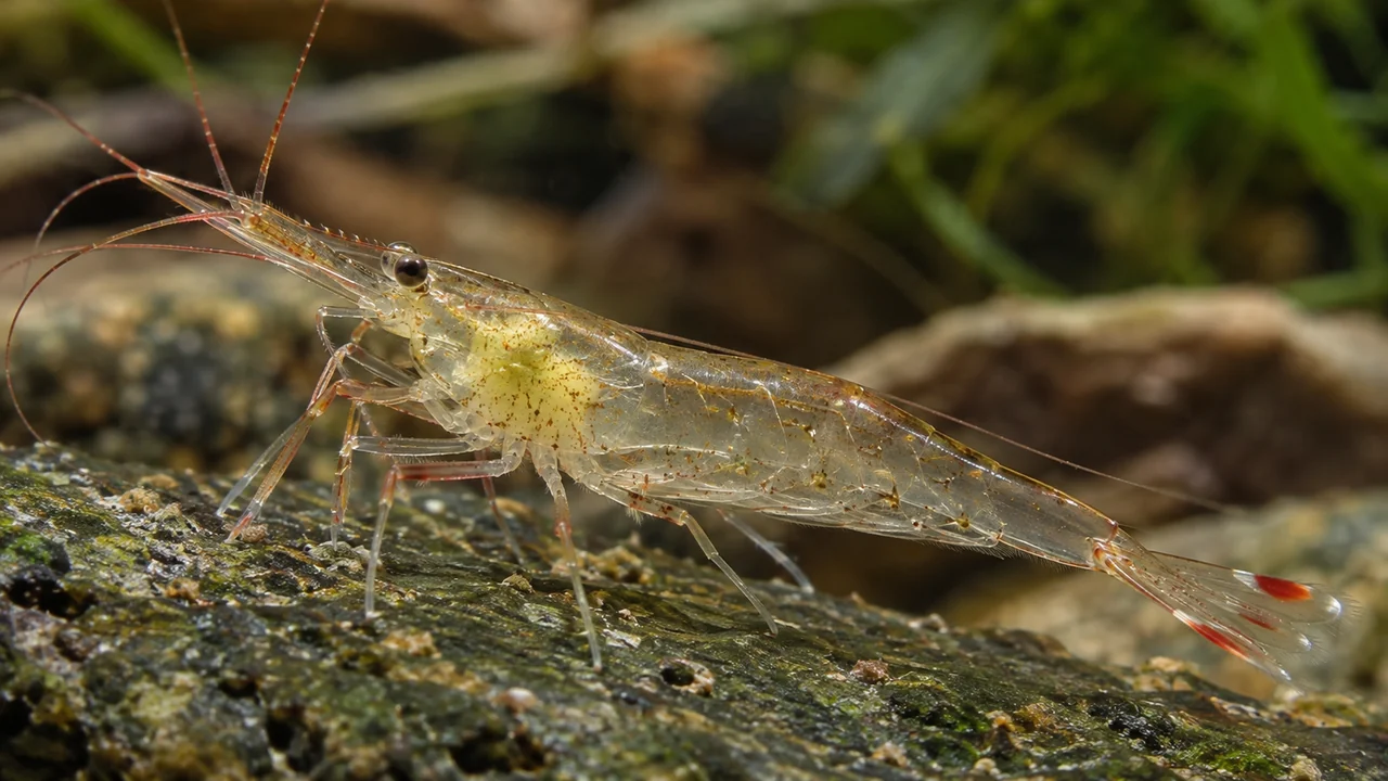 Transparent Caridina ensifera viewed obliquely with two red patches on its gently spread tail fan.