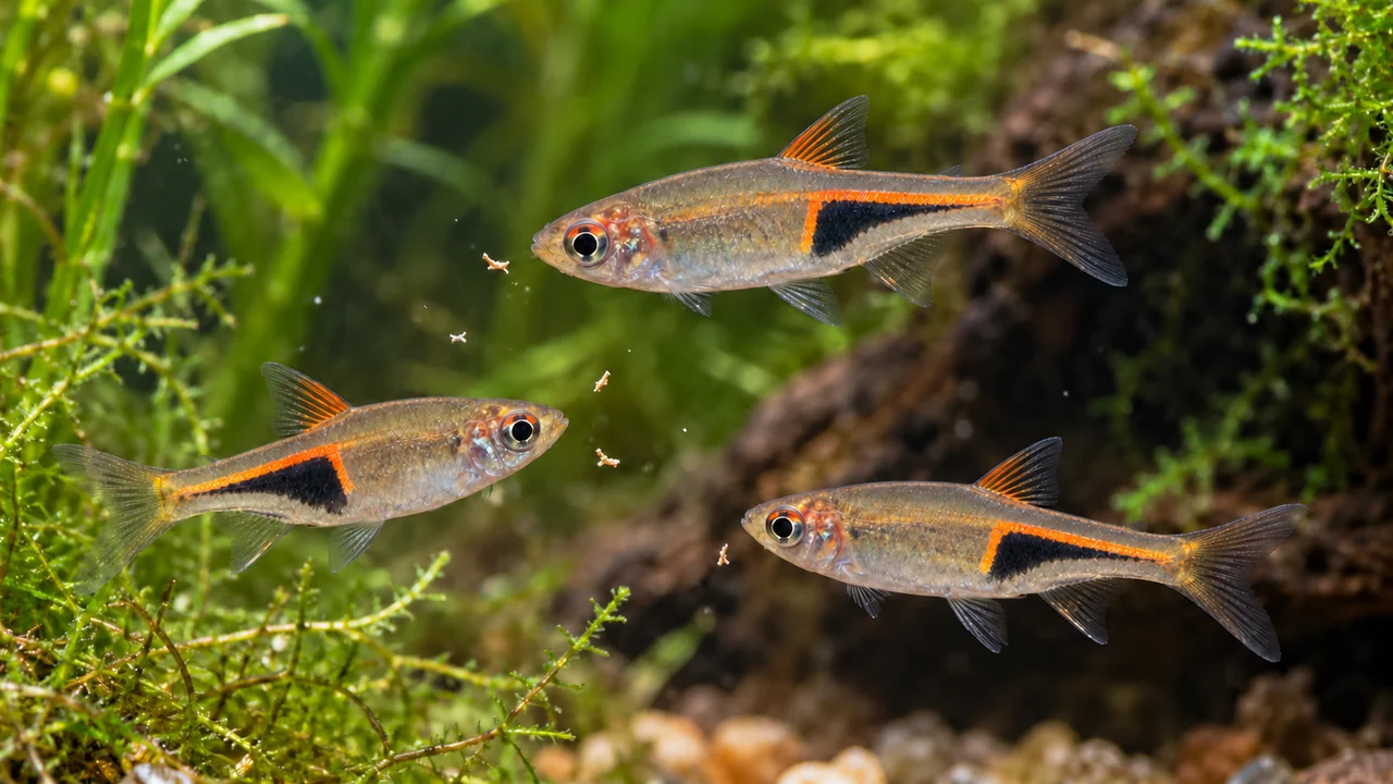 Three pale Glowlight Rasboras intercepting small food particles beside fine plants, with orange-edged black markings.