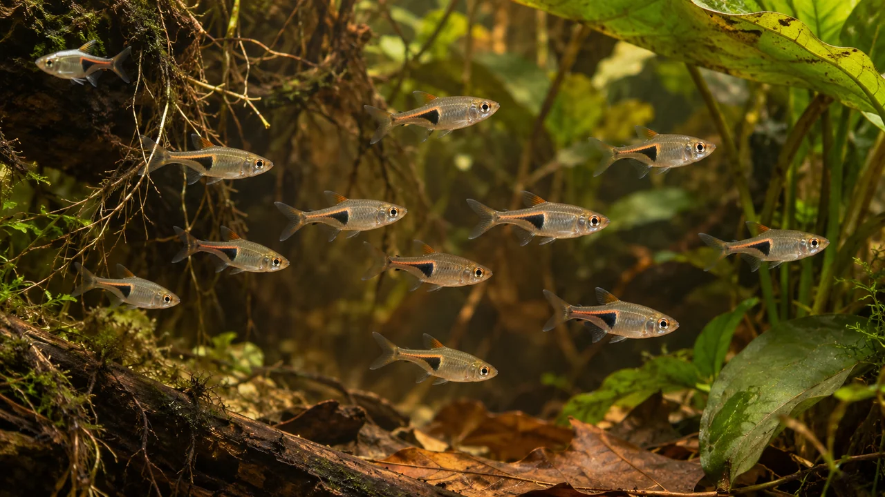 A pale Glowlight Rasbora group between fine roots and broad leaves in clear, gently tinted water.