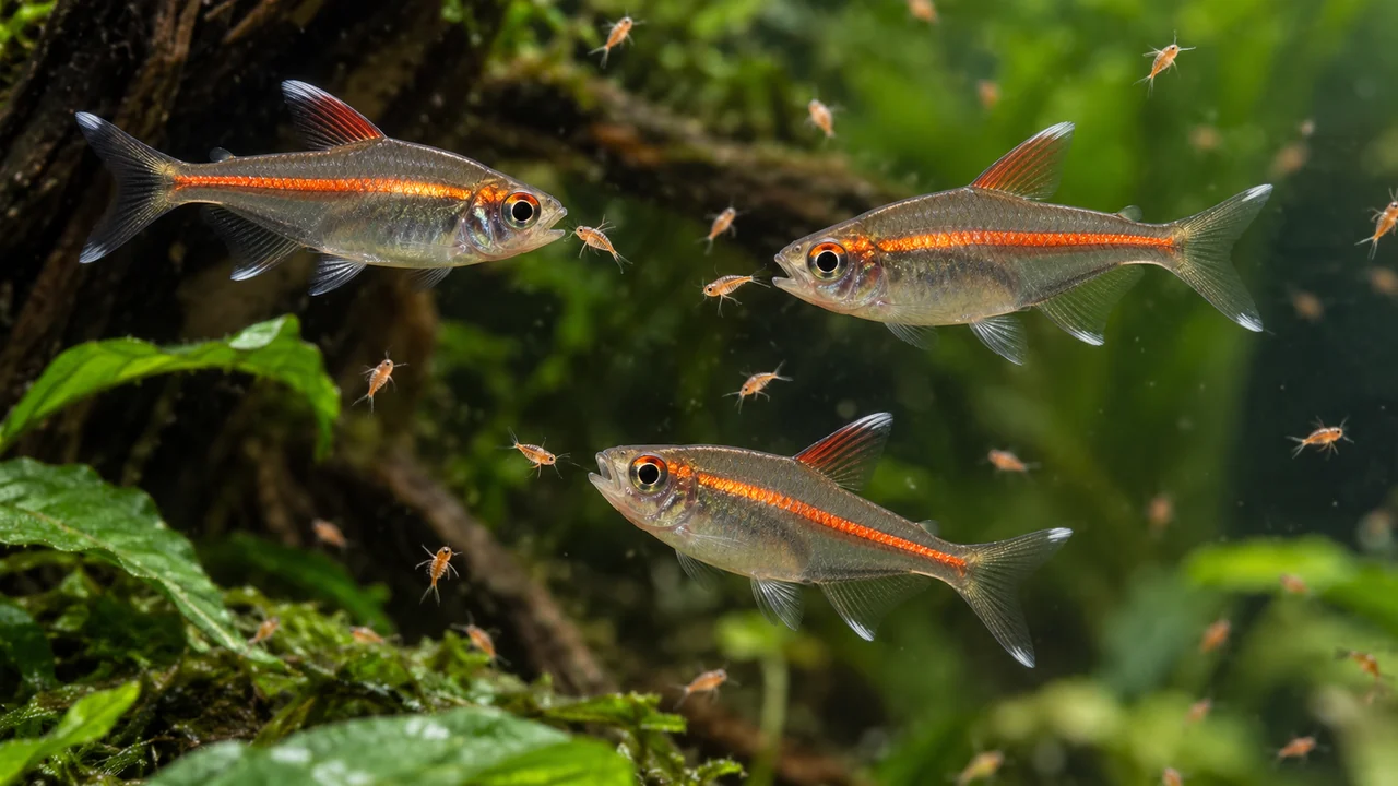 Glowlight tetras taking tiny Artemia in an open aquarium feeding lane.