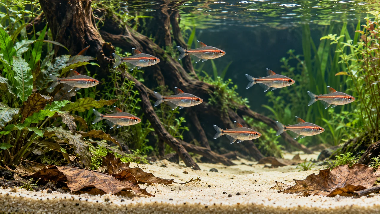 Glowlight Tetra in a spacious aquarium with branchwork, planting, sparse leaf litter and open water.