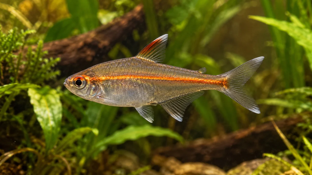 Glowlight Tetra showing its natural body shape and identifying markings beside aquarium planting.