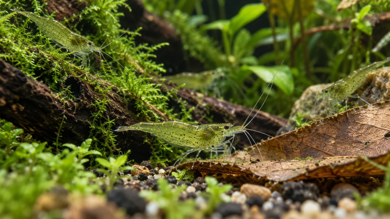 Several green Babaulti-type shrimp grazing between moss, wood and a modest prepared leaf.
