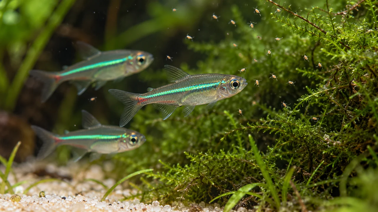 Three green neon tetras approaching tiny suspended food organisms beside fine moss.