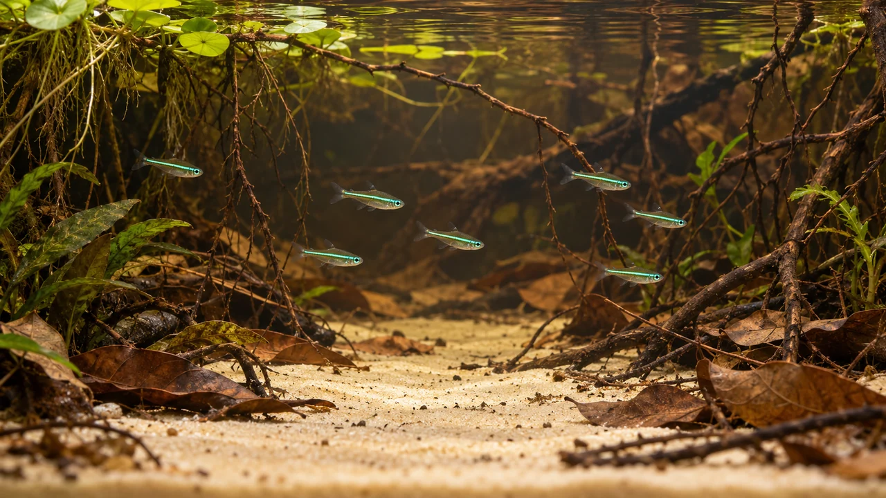 Small green neon tetras in open water framed by fine roots, scattered leaves and patches of planting.