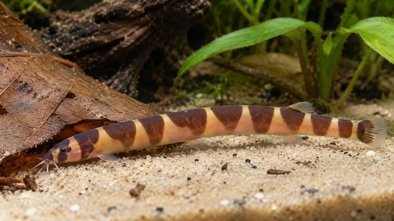 A banded Pangio semicincta searching fine smooth sand beside a fallen leaf, with its small mouth and short barbels visible.