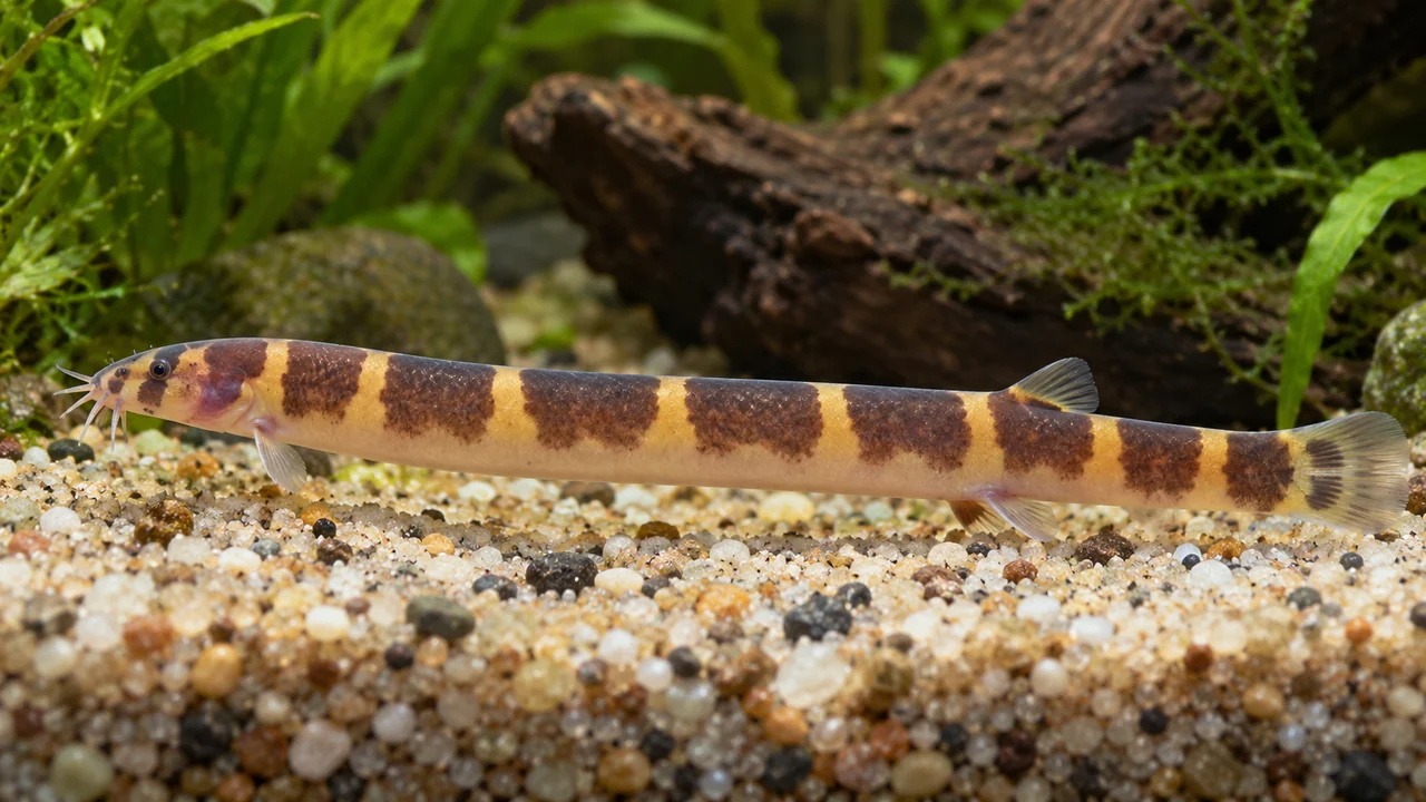 Half-Banded Kuhli Loach showing its identifying shape and markings in a suitable aquarium setting.