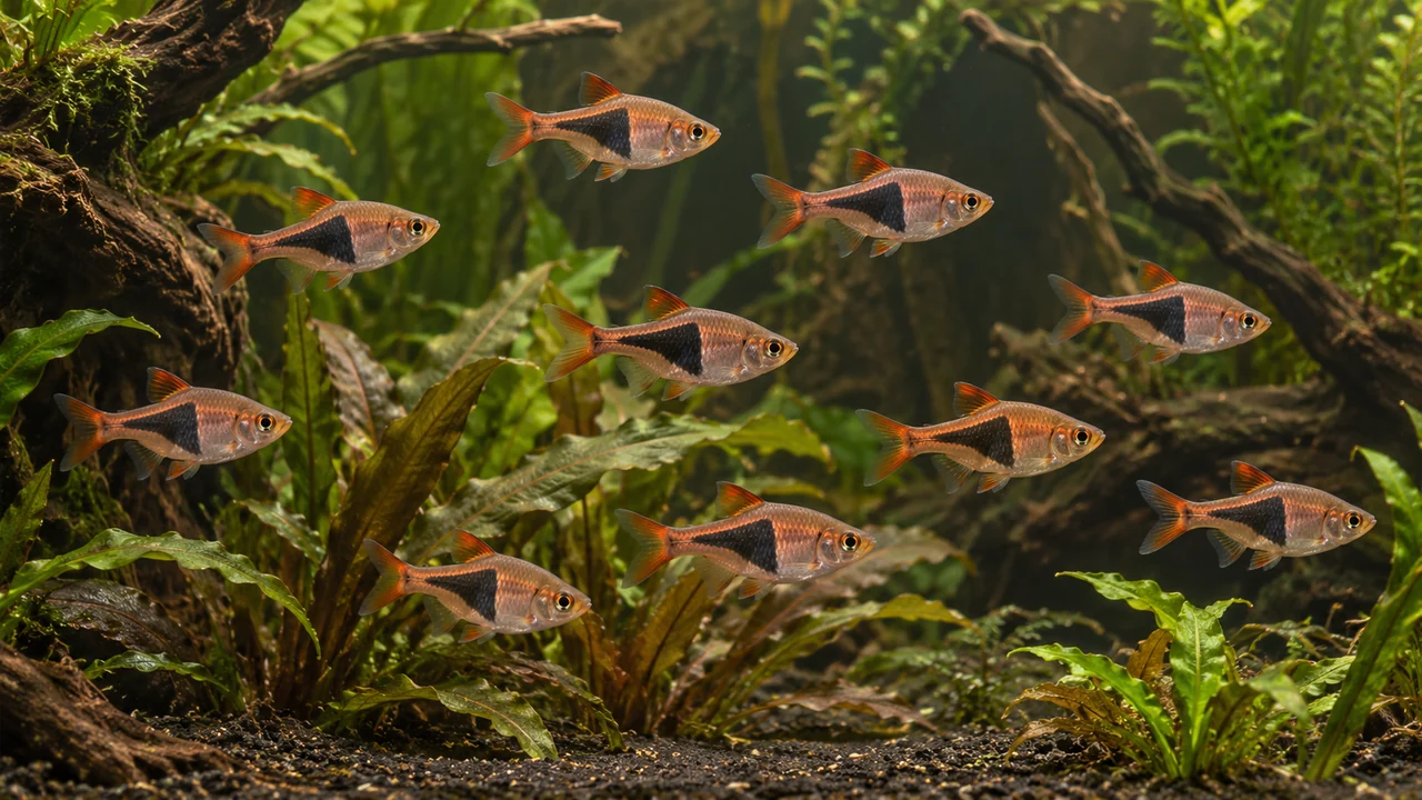 A Harlequin Rasbora shoal in open midwater, framed by broad leaves and marginal roots.