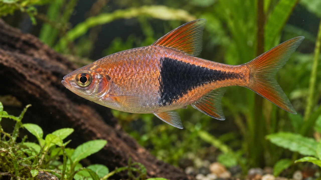 Harlequin Rasbora showing its identifying shape and markings in a suitable aquarium setting.