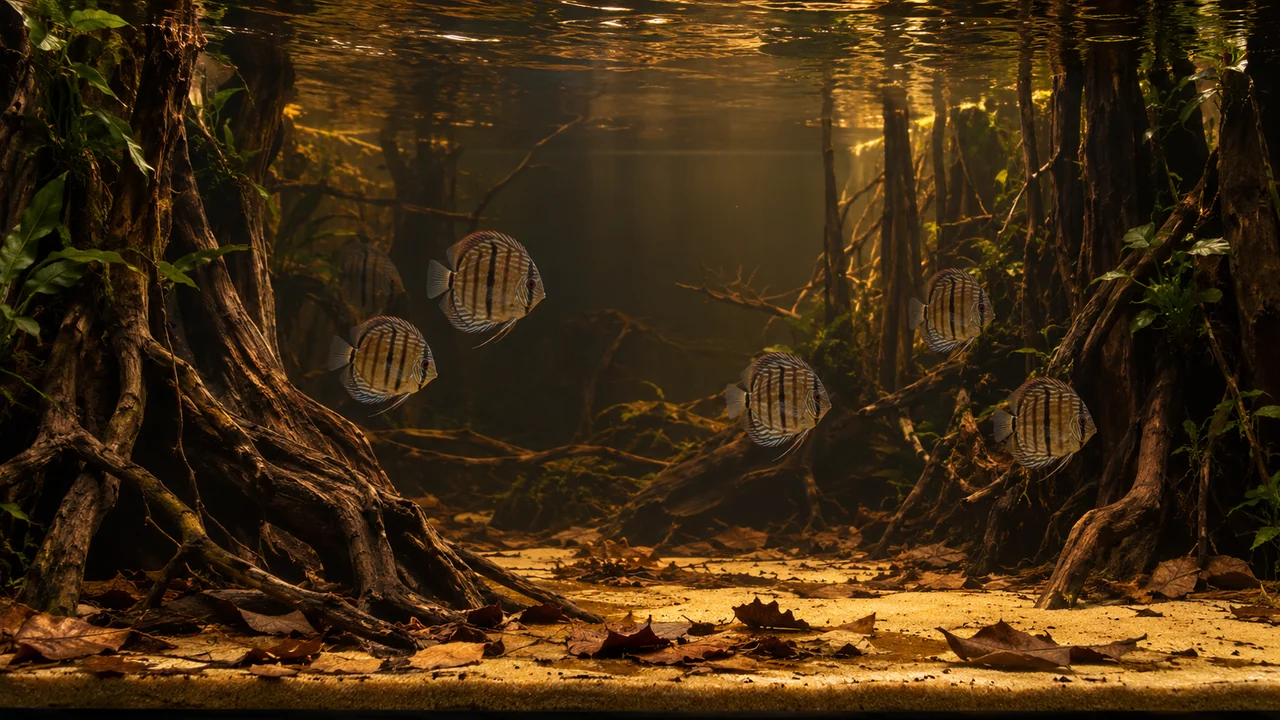 Heckel discus dispersed through a large warm aquarium with open midwater between root screens.