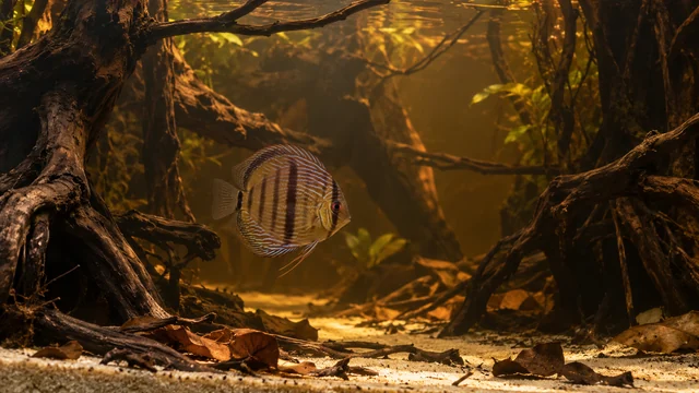 Heckel Discus showing its identifying shape and markings in a suitable aquarium setting.