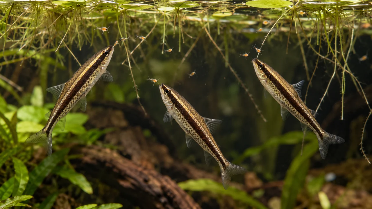 Head-up hockeystick pencilfish taking fine food beneath floating roots.