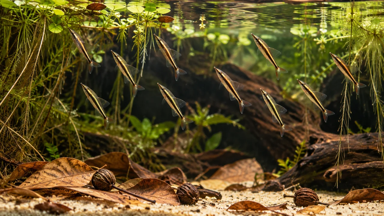 Hockeystick Pencilfish in a spacious aquarium with branchwork, planting, sparse leaf litter and open water.