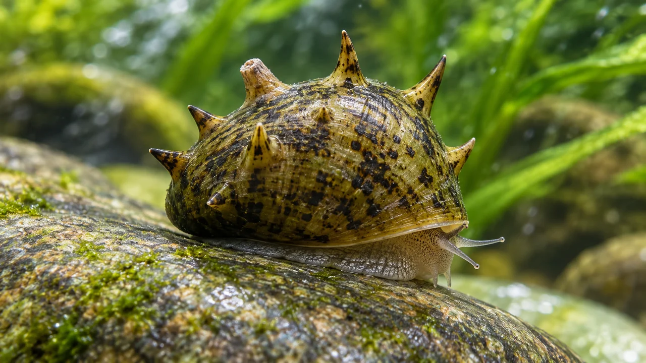 A horned nerite viewed closely to show irregular shell projections and the intact newer shell edge.