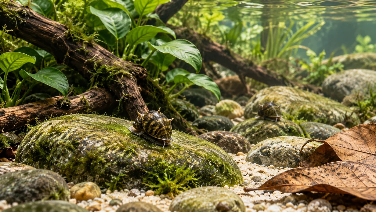 Small horned nerites grazing broad pebbles beside driftwood, modest leaf litter and green aquarium plants.