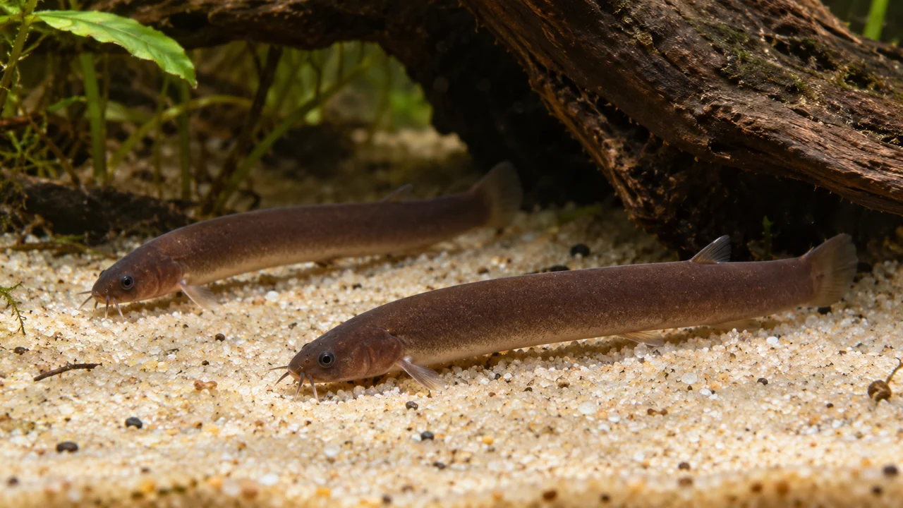 Two plain cinnamon-brown Java Loaches foraging separately on smooth sand beneath a root edge.