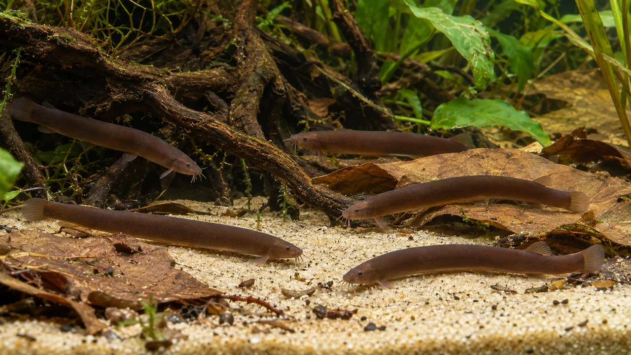 Plain brown Java Loaches among low roots and scattered leaves on fine sand.