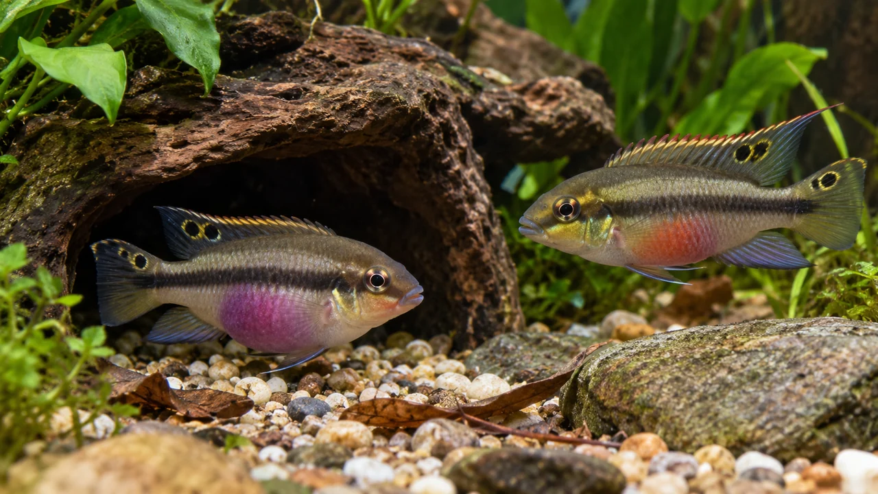 A purple-bellied female Kribensis beside a longer male with pointed fin ends at a sheltered cave.