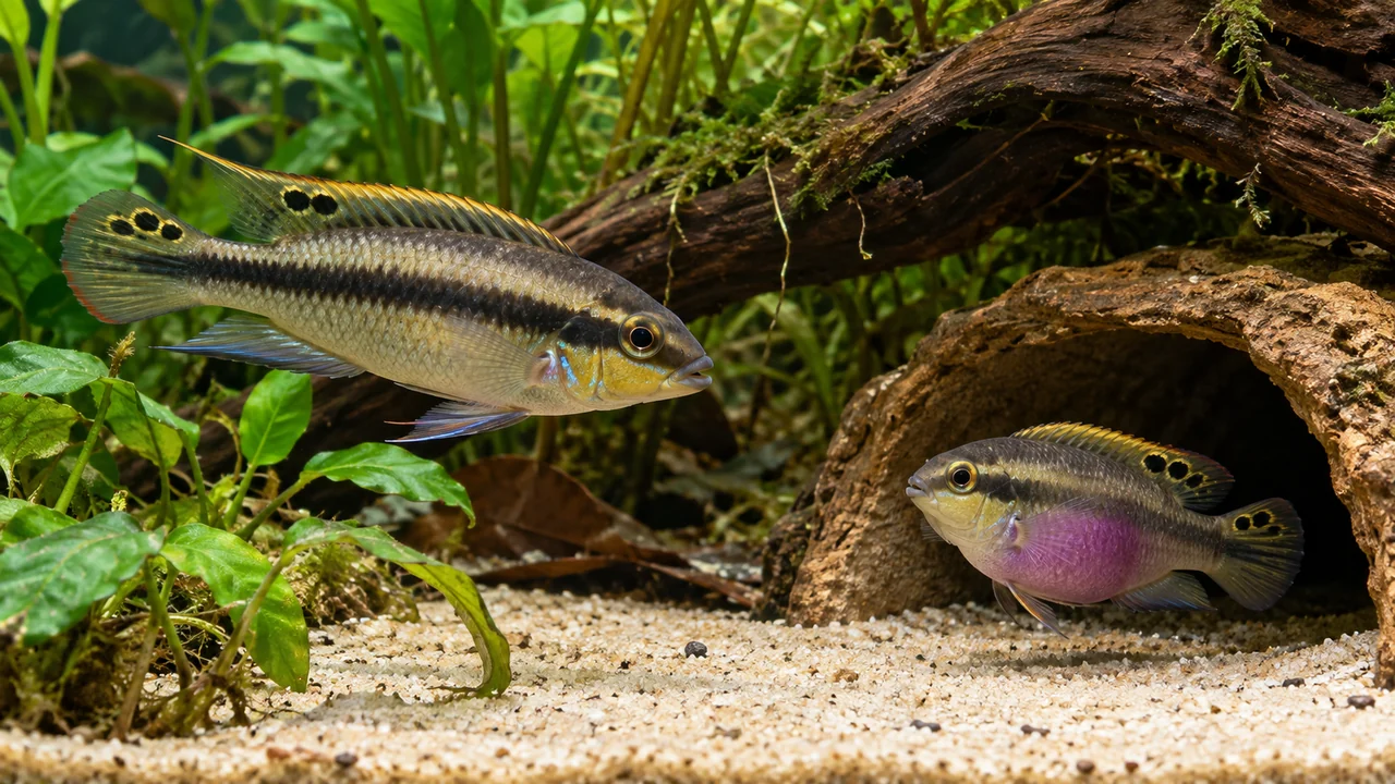A longer male and smaller purple-bellied female Kribensis at separate positions beside a broad cave and roots over sand.