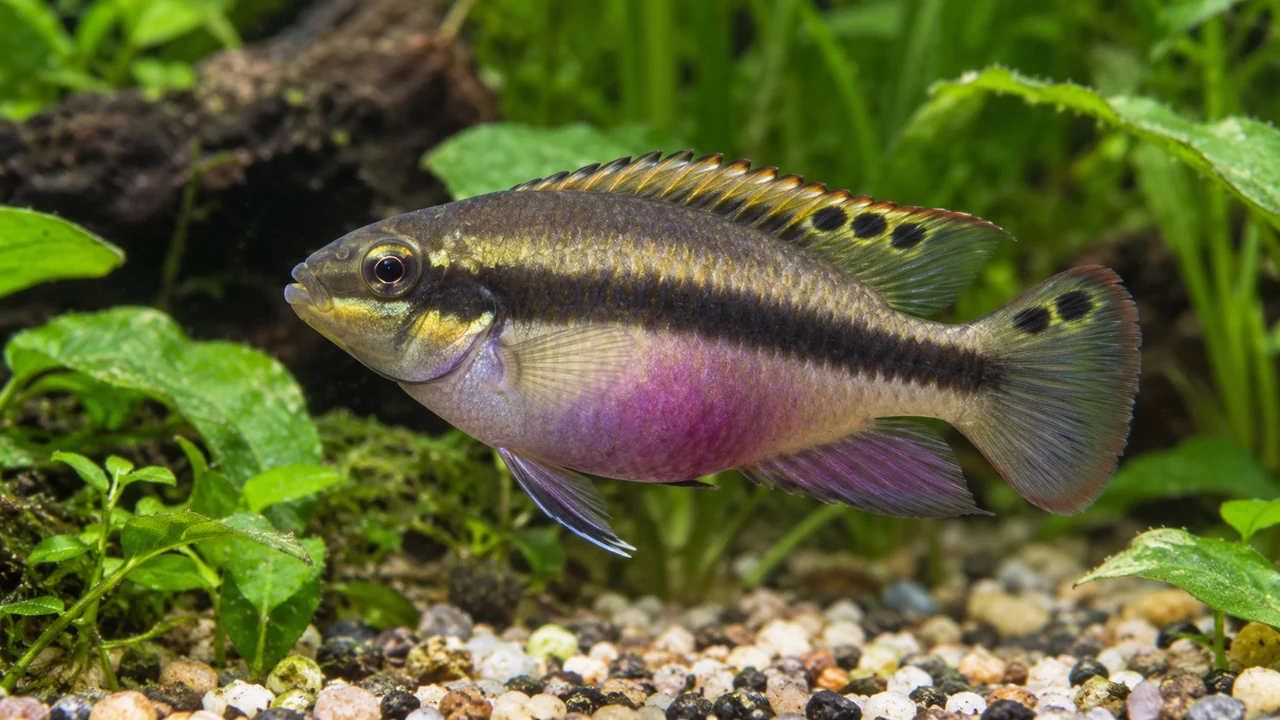 Kribensis showing its identifying shape and markings in a suitable aquarium setting.
