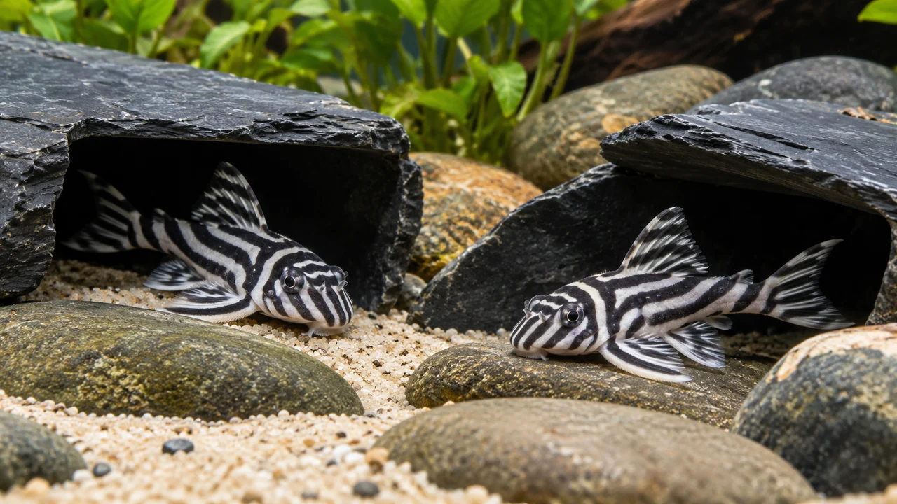 Zebra plecos among separated rock shelters over pale substrate in clear aquarium water.