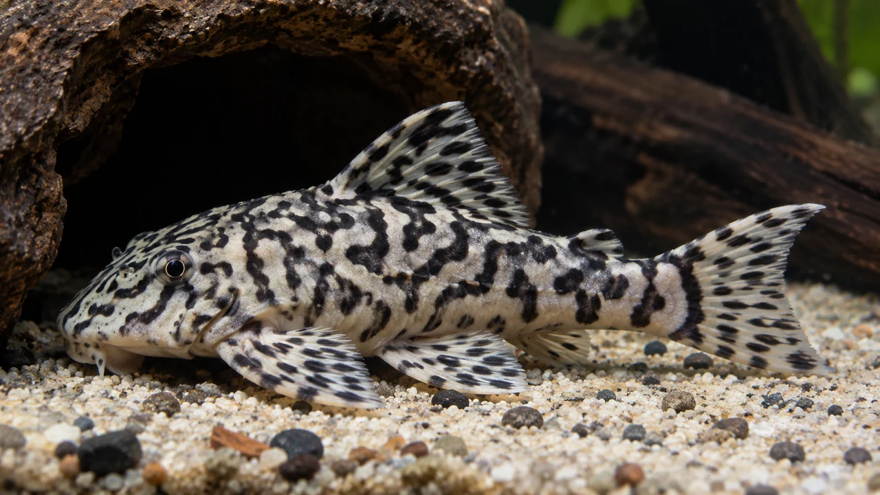 A pale L236-associated Hypancistrus seideli showing sparse dark markings and normal armoured form.