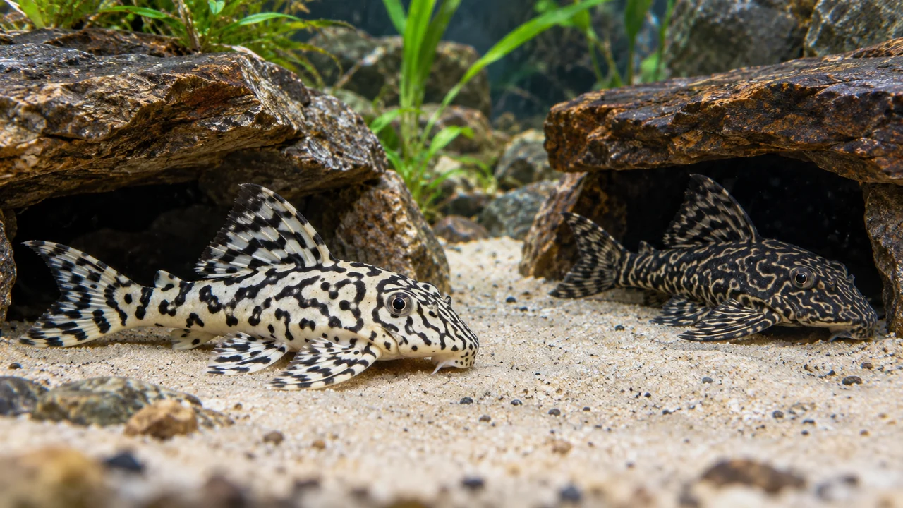 Hypancistrus seideli among separated smooth cave shelters with clear feeding routes.