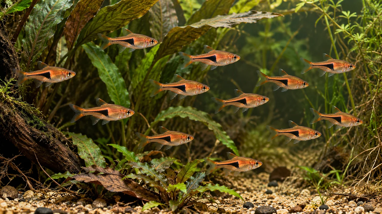 An orange Lambchop Rasbora group moving through open water between broad leaves and fine roots.