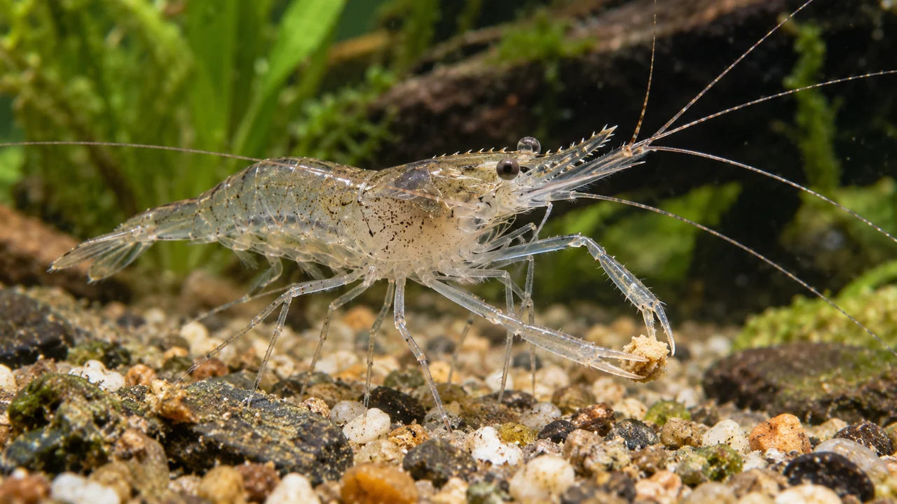 Transparent long-armed Macrobrachium lanchesteri-type prawn holding a small food piece with slender chelae.