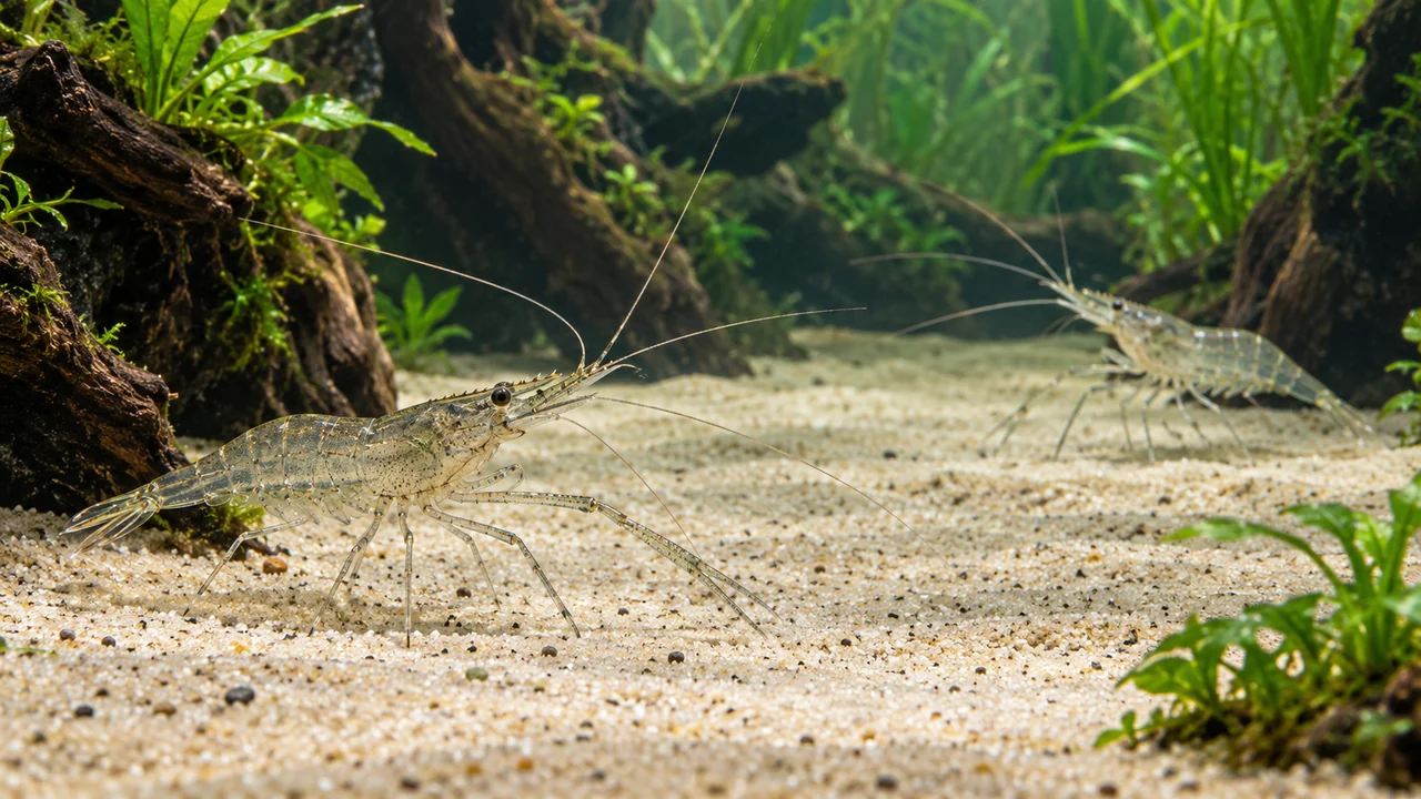 Two long-armed glass prawns separated by open sandy floor and broad wood refuges in a planted aquarium.