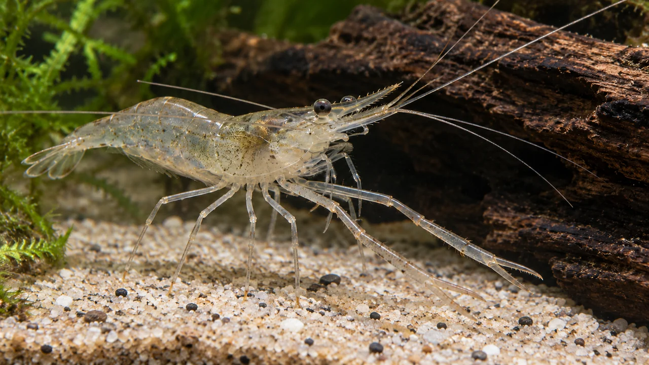 Transparent Lanchester-type glass prawn showing its long slender arms and projecting rostrum beside aged wood.