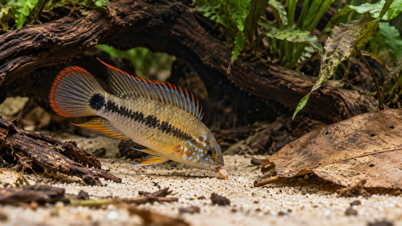 A male Macmaster’s dwarf cichlid taking a small food item from fine sand beside a weathered leaf.