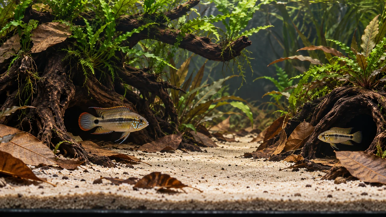 Macmaster’s Dwarf Cichlid in a structured aquarium with open sand, separated cover and maintenance access.