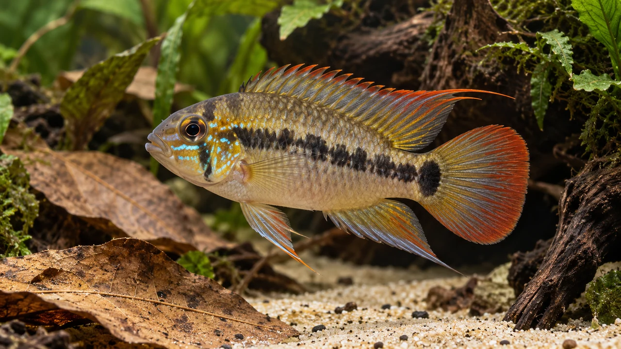 Macmaster’s Dwarf Cichlid showing its identifying shape and markings in a suitable aquarium setting.