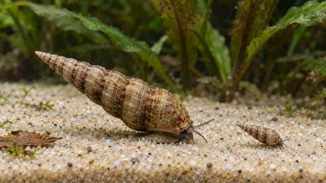 An adult Malaysian Trumpet Snail and a much smaller similarly shaped juvenile on fine aquarium sand.