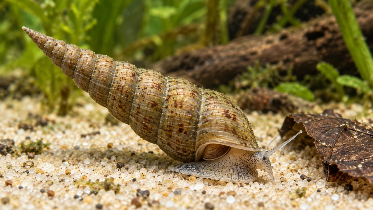 A tan finely marked Melanoides tuberculata with a long tapering shell moving across fine sand.