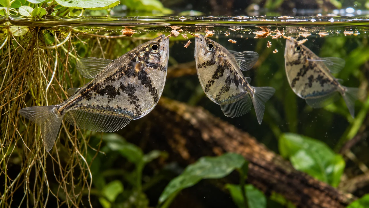 Marbled hatchetfish taking small floating particles beside a shaded surface patch.