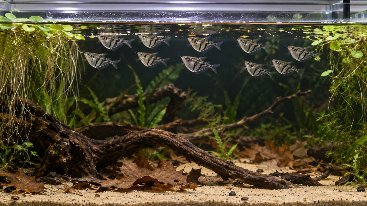 Marbled Hatchetfish in a structured aquarium with suitable cover, open water and maintenance access.