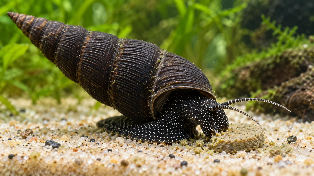 A white-speckled Tylomelania patriarchalis feeding at a sinking tablet on the sand surface.
