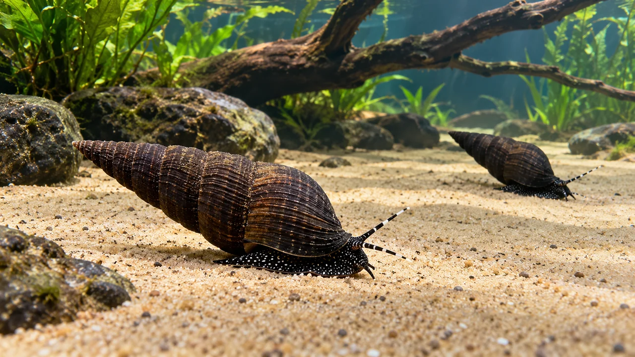 White-speckled Matano Rabbit Snails moving over an open sandy floor among low stones and sparse wood.