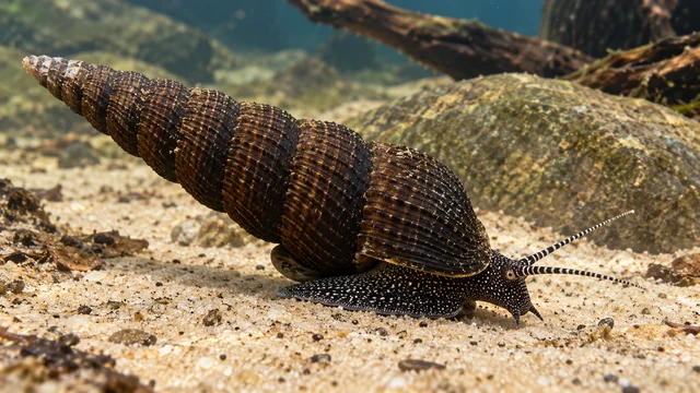 Tylomelania patriarchalis-type snail with a long ribbed shell and white-speckled dark foot.