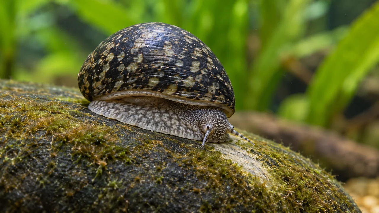 The broad grey foot and head of a Military Helmet Nerite gripping a stone beside a grazed algal surface.