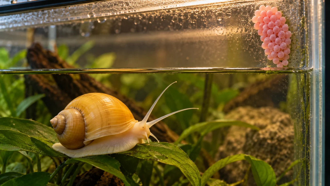 A pink Mystery Snail egg clutch attached to glass above the waterline, with a golden snail below in the water.