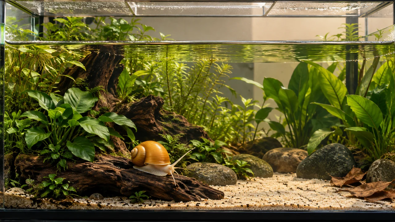 A planted Mystery Snail aquarium with smooth wood, open feeding space, a water surface and covered air gap.