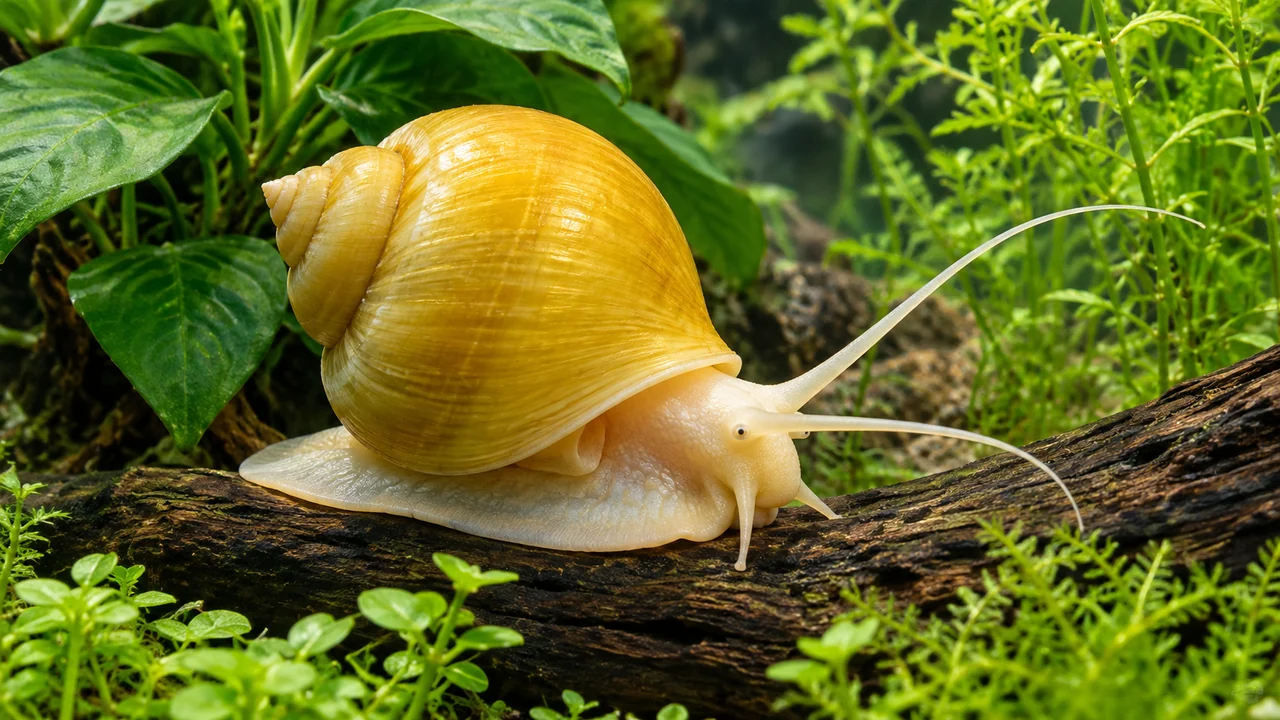 A golden Pomacea diffusa colour morph with rounded shell, raised spire, cream foot and long fine tentacles.