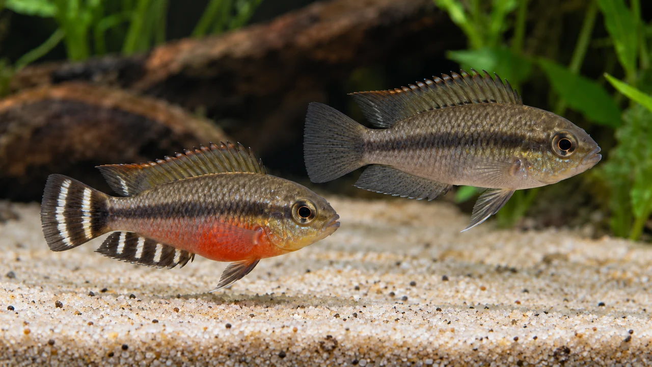 A red-bellied female Nanochromis transvestitus with pale vertical tail bands beside a drabber grey male without those broad bands.