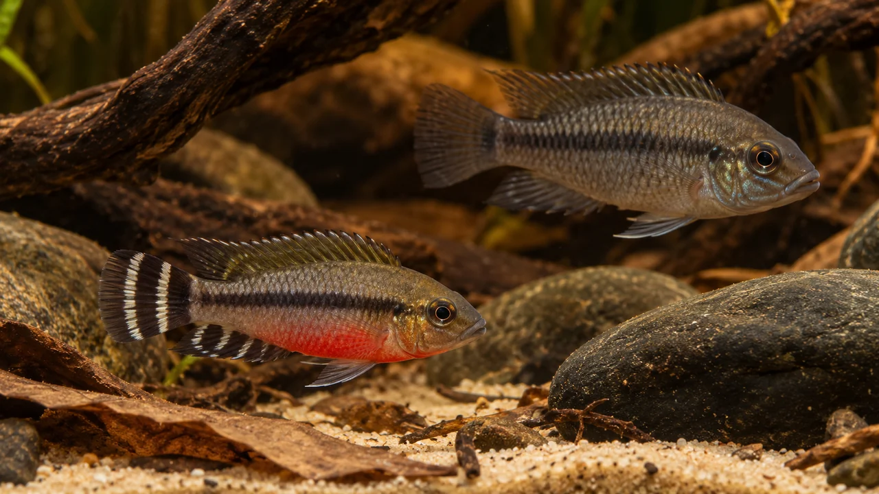 A colourful female and subdued male Nanochromis transvestitus at separate root and stable rock edges over fine sand.