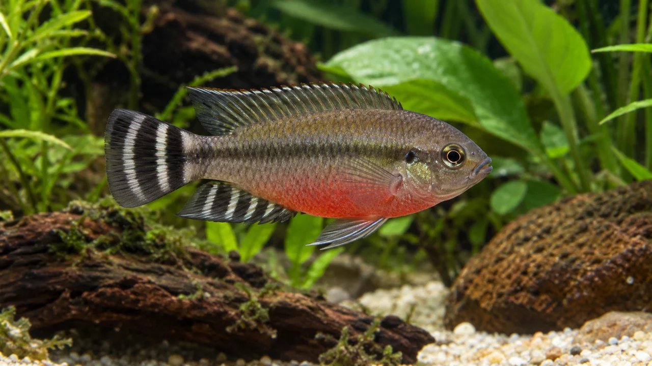 Nanochromis transvestitus showing its identifying shape and markings in a suitable aquarium setting.
