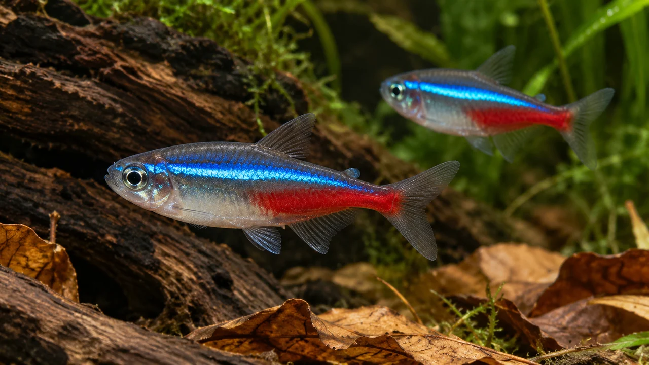 Two neon tetras with a clear silvery front belly and a red patch confined to the rear lower flank.